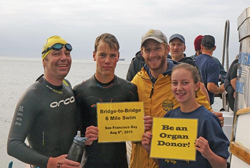 Maitland’s children, Zander and Riley, hold signs after the Bridge-to-Bridge six-mile swim in San Francisco Bay, 2015