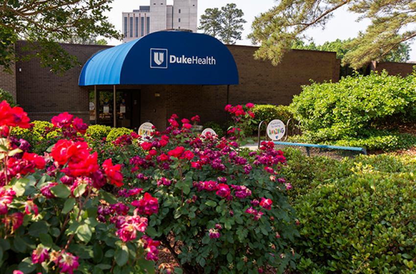 Entrance to Duke Health Building with awning
