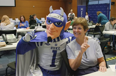 Duke Blue Devil mascot and volunteer