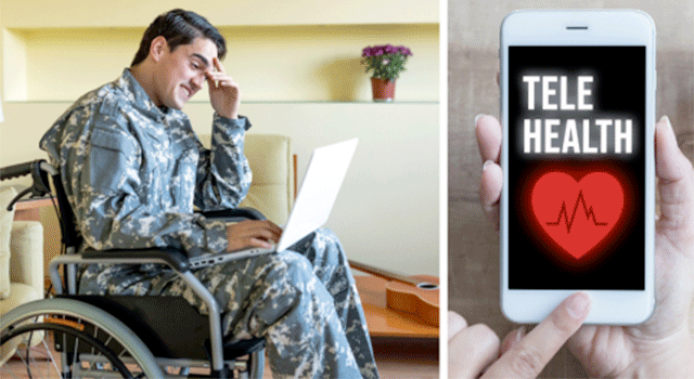 Collage of veteran in wheelchair and mobile phone displaying a Telehealth graphic