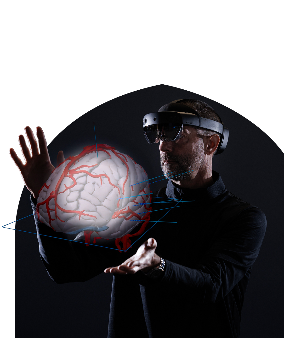 Photo of Cameron McIntyre, PhD, with brain visualization image