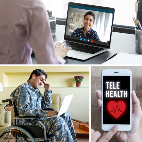 Collage of veteran in wheelchair and mobile phone displaying a Telehealth graphic