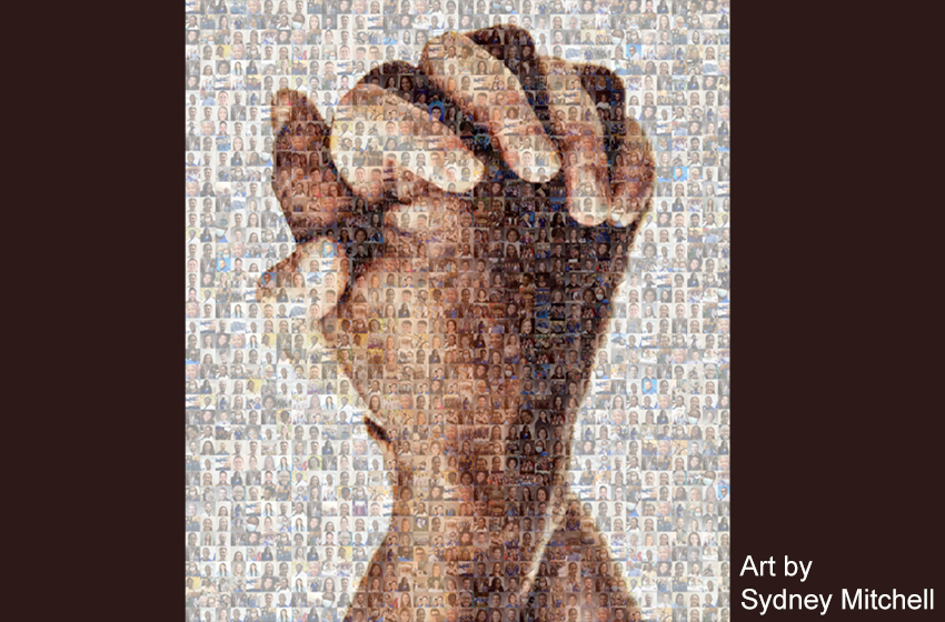 Art by Sydney Mitchell of Duke Health employess represented as a mosaic with a brown and white hands intertwined