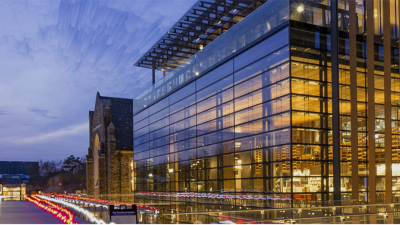 Brodhead center lit up in the evening