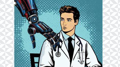 Young doctor with a robot hand on his shoulder