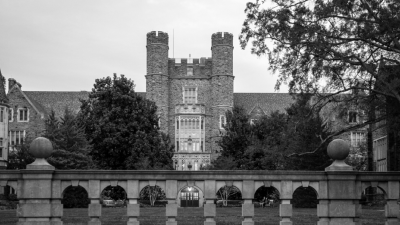 Black and white image of the Davison Building that houses the Department of Pathology