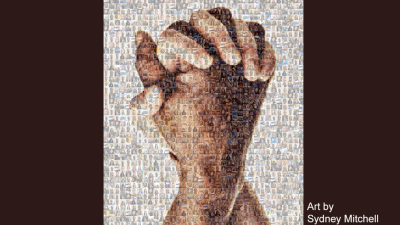 photo collage creating the clasped hands of  black and white people