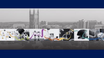 Duke campus with overlay of images of scientific discoveries