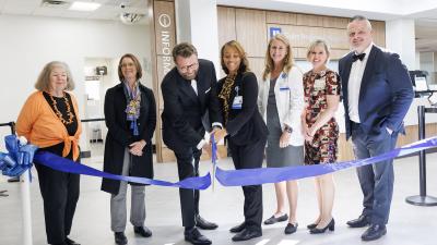 Ribbon cutting: left to right - Patricia Ashley (DCHC), Jane Brown (DCHC), Jason Carter (Duke Regional), Denise Barnes (DCHC), Kristin Merritt (Duke Regional), Leigh Bleecker (Duke Regional), and Brian Burrows (Duke Regional).