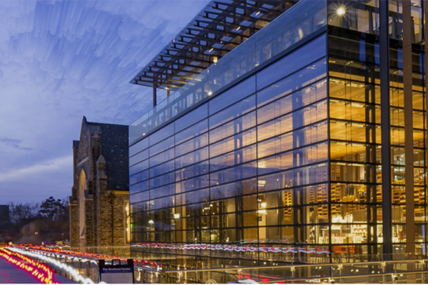 Brodhead center lit up in the evening