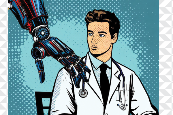 Young doctor with a robot hand on his shoulder