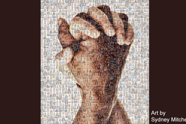 photo collage creating the clasped hands of  black and white people