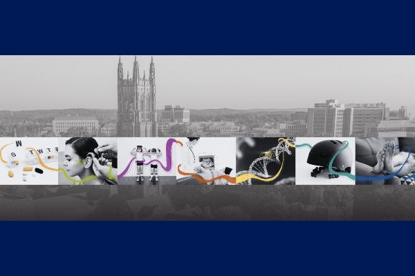 Duke campus with overlay of images of scientific discoveries