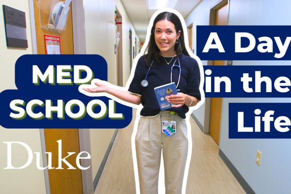 Medical student Nicole Miller with text reading "Med School - A Day in the Life"