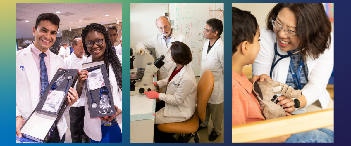 Tryptich of med students with new stethoscopes, researchers in a meeting and a patient care provider with a child. 