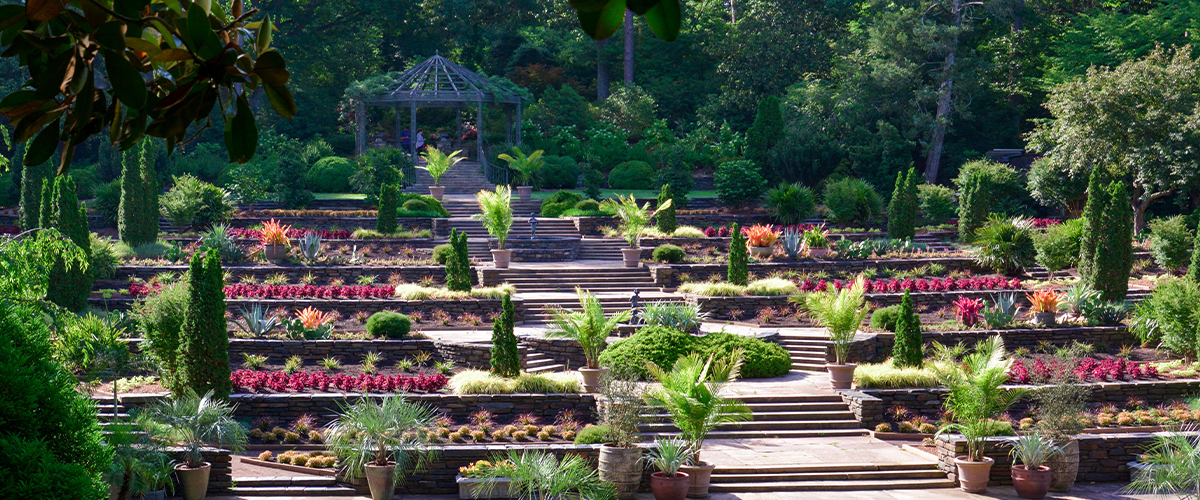 terraced planters filled with flowers in the Duke Gardens