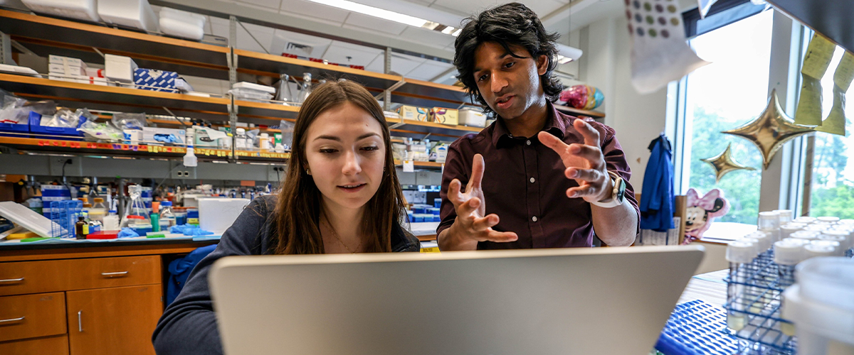 Researcher and student discussing their work in a lab. 