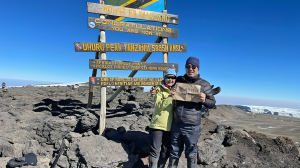 Dr. Shelley Hwang, MD, Mary and Deryl Hart Distinguished Professor of Surgery, and husband John Kim on top of Mount Kilimanjaro in Kenya. 