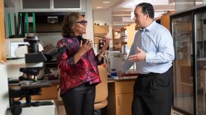 Tammara Watts, MD, PhD, and Gerard “Gerry” Blobe, MD, PhD, in her lab