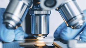 Close up of a compound microscope's lenses