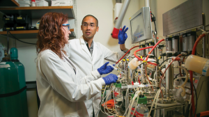 Lawrence David, PhD in his lab speaking with a lab associate