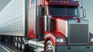 red semi tractor trailer truck with a red cab