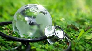 glass globe with stethoscope wrapped around it with greenery background