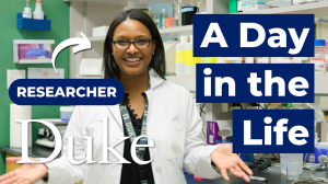 Video screenshot of Erica Washington, PhD, with "researcher" and an arrow pointed at her with "A Day in the Life"