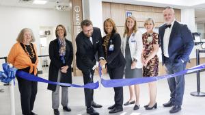Ribbon cutting: left to right - Patricia Ashley (DCHC), Jane Brown (DCHC), Jason Carter (Duke Regional), Denise Barnes (DCHC), Kristin Merritt (Duke Regional), Leigh Bleecker (Duke Regional), and Brian Burrows (Duke Regional).
