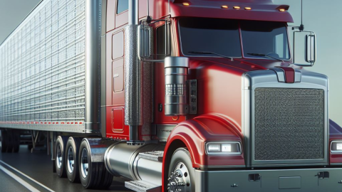 red semi tractor trailer truck with a red cab