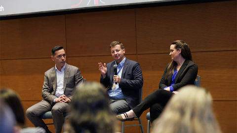 Ozanan Meireles, MD; Christoph Hornik, MD, MPH, PhD; and Amanda Randles, PhD, lead a large group discussion.