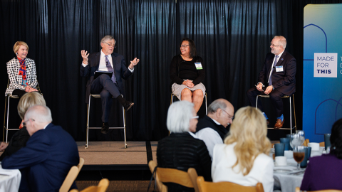 Lynn Erdman, H-SON'19; Tom Gorrie; and Claire Spain-Remy, MD’85, at the “Sharing Your ‘Why’” Luncheon panel discussion, moderated by Michael V. Relf, PhD, RN, ANEF, FAAN