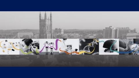 Duke campus with overlay of images of scientific discoveries