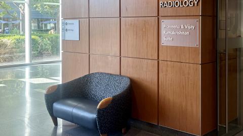 Nameplate on the Radiology Suite showing the suite has been named for Praveena and Vijay Ramakrishnan.