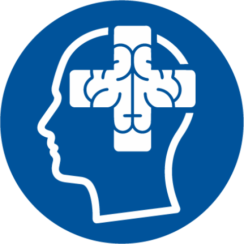 a logo of a blue circle with a human head outlined, within the outline is a plus shape with the outline of a human brain