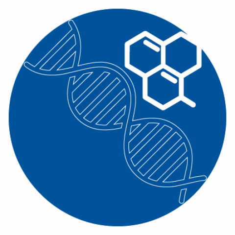a logo of a blue circle with outlines of molecules and DNA