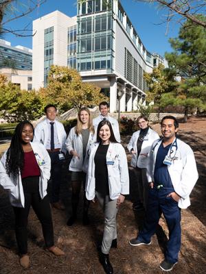 Duke School of Medicine students outside of Trent Semans Center for Medical Education.