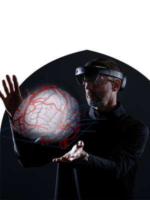 Photo of Cameron McIntyre, PhD, with brain visualization image