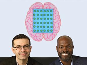 Kafui Dzirasa, MD, PhD and Nenad Bursac, PhD in front of a cartoon of a brain