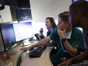 Pediatric cardiology team looking at 3D rendering of a heart