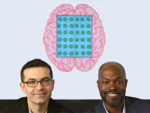 Kafui Dzirasa, MD, PhD and Nenad Bursac, PhD in front of a cartoon of a brain