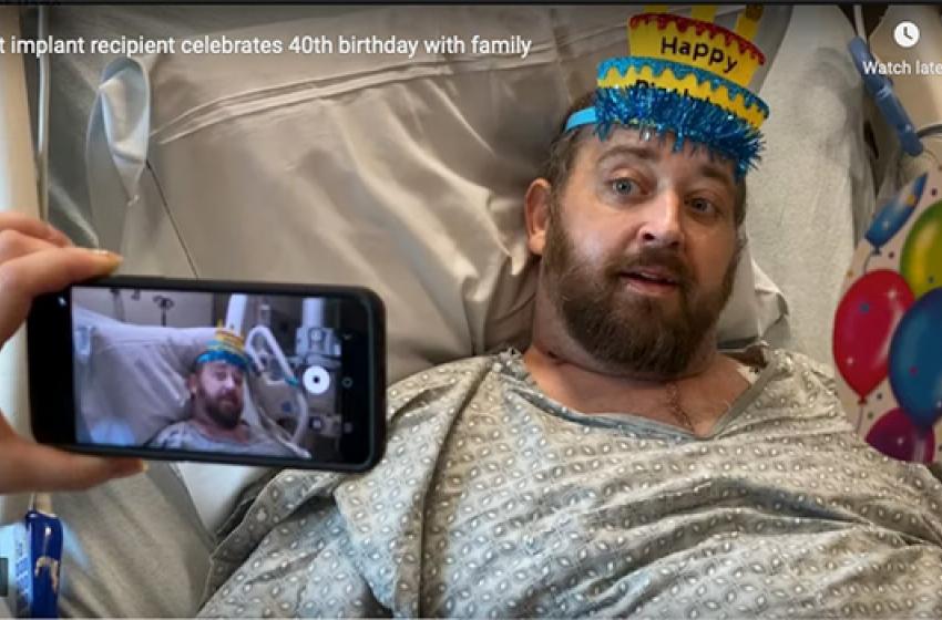 Matthew Moore celebrating his 40th birthday with family following his artificial heart implant procedure